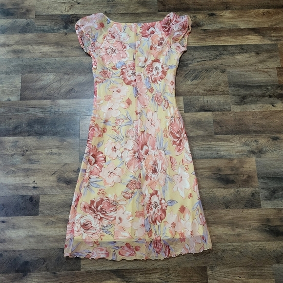 Vintage La Belle Y2K Yellow Floral Sheer Midi Slip Dress Size 9 - Picture 8 of 9